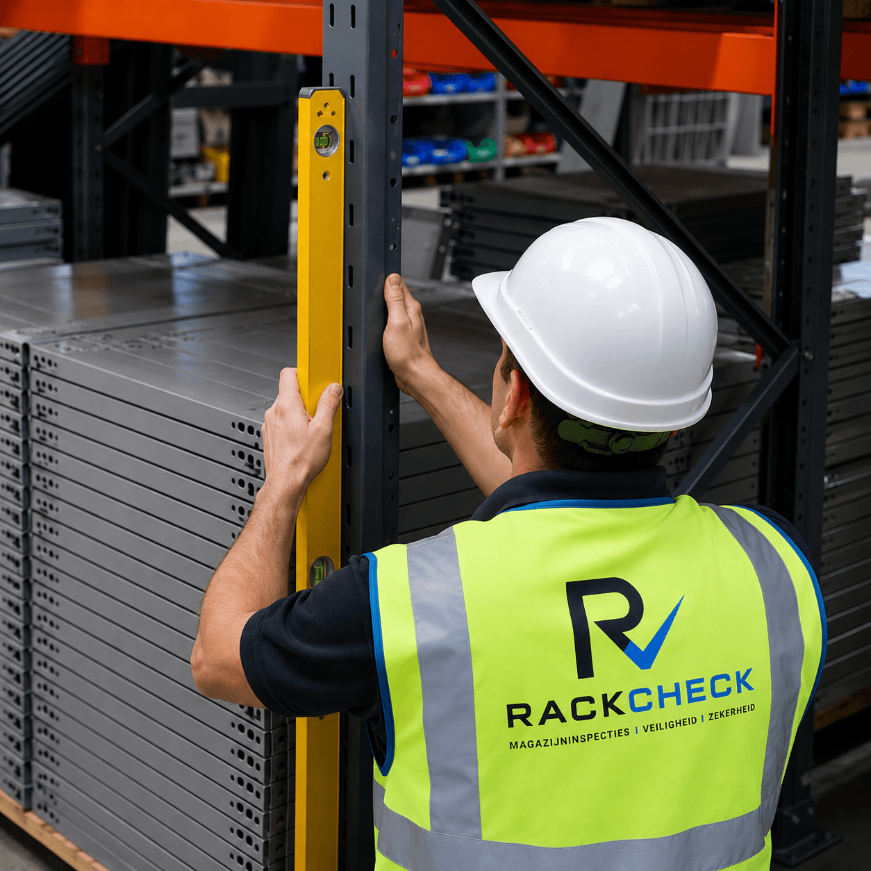 RackCheck-inspecteur controleert een stellingconstructie met een waterpas