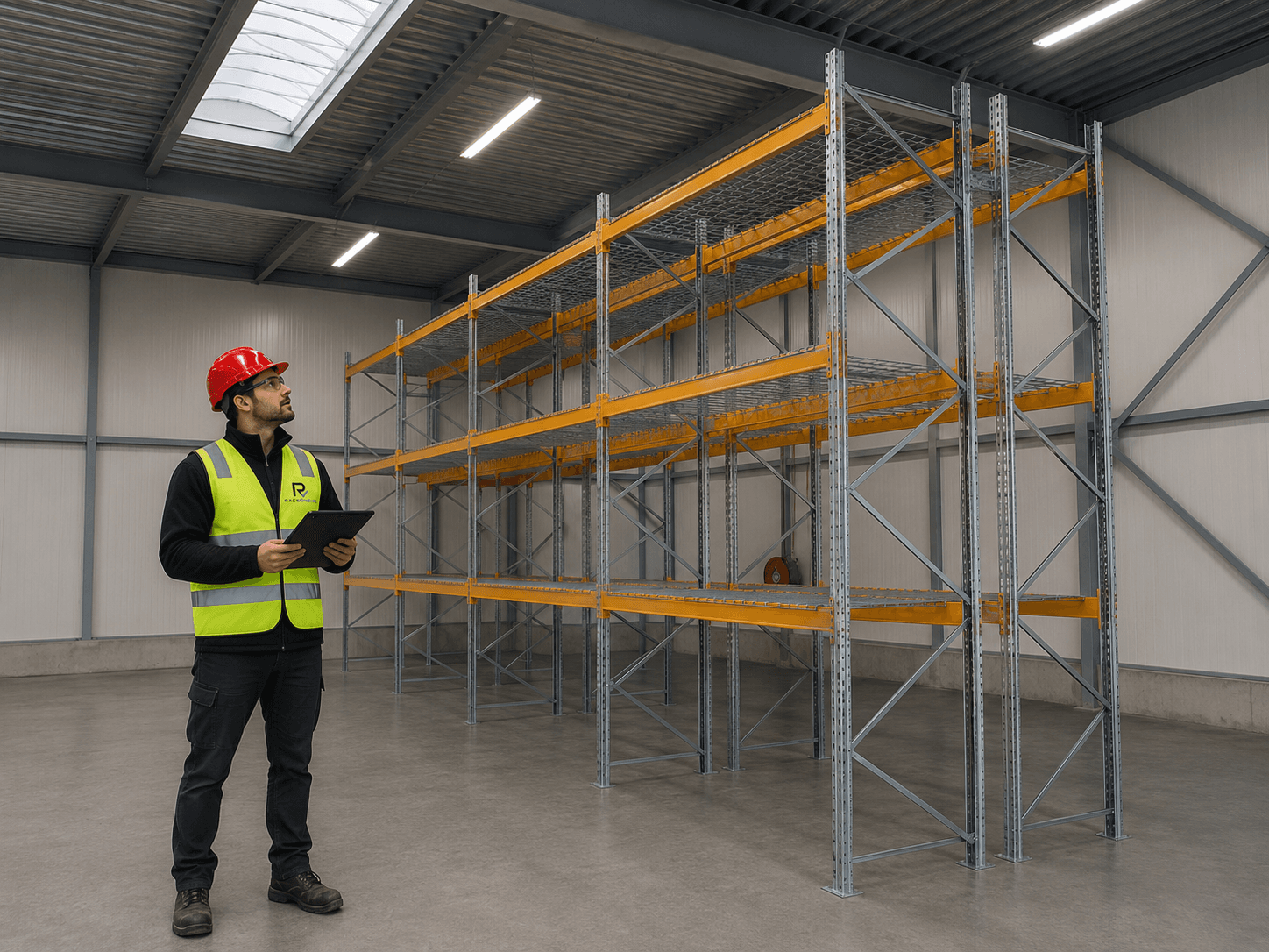 RackCheck-inspecteur beoordeelt een palletstelling met gele liggers en gegalvaniseerde staanders in een magazijn